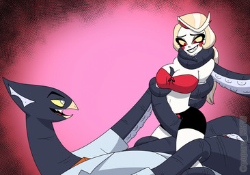 anthro arms_tied_behind_back beak big_breasts bikini black_bottomwear black_clothing black_shorts blonde_hair bottomwear breasts cleavage clothed clothed_anthro clothed_humanoid clothing eye_contact female female_on_anthro grey_body grin hair hands_behind_back horizontal_pupils humanoid_on_anthro long_hair looking_at_another male male/female male_on_humanoid navel open_mouth open_smile pink_background ponytail pupils red_bikini_top red_eyes restrained restrained_arms restrained_by_tentacles shorts simple_background smile strapless_bikini strapless_clothing strapless_swimwear suckers suit swimwear teeth tentacle_around_arms tentacle_around_leg tentacle_around_neck tentacle_between_breasts tentacle_between_legs tentacle_under_clothing tentacles text textured_background twitter_handle two-piece_swimsuit white_body white_clothing white_skin white_suit wide_hips yellow_sclera poparc_nsfw hazbin_hotel hellaverse charlie_morningstar edwin_(poparc_nsfw) aquatic cephalopod coleoid demon demon_humanoid humanoid mollusk octopodiform 2024 absurd_res artist_name english_text hi_res watermark