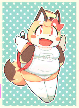 anthro backpack bottomless breasts brown_body brown_fur clothed clothing female footwear fur kemono legwear overweight overweight_anthro overweight_female panties randoseru red_eyes ribbons school_swimsuit shirt socks solo swimwear text thigh_highs thigh_socks topwear underwear white_body white_clothing white_fur white_legwear white_thigh_highs young rantan_chan tenshi_chan canid canine fox mammal 2018 hi_res japanese_text translated