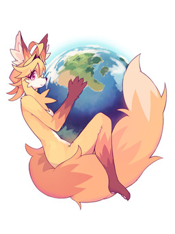 anthro ear_tuft earth fur globe hug hugging_object looking_at_viewer orange_body orange_fur pink_eyes planet simple_background solo star_pupils tuft white_background kazumiskill firefox mozilla canid canine fox mammal absurd_res hi_res