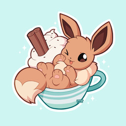 ambiguous_gender brown_body brown_eyes brown_fur container cup feral fur head_tuft looking_at_viewer lying on_back one_eye_closed open_mouth open_smile pawpads pink_pawpads simple_background smile smiling_at_viewer solo tan_body tan_fur tuft coffeeclaws nintendo pokemon eevee generation_1_pokemon pokemon_(species) 1:1 2025 colored digital_drawing_(artwork) digital_media_(artwork) hi_res