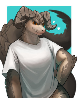 ambiguous_gender anthro brown_body brown_scales clothed clothing heart_symbol horn looking_at_viewer scales shirt smile solo t-shirt teeth topwear white_clothing white_heart white_shirt white_topwear color_fox fallout microsoft deathclaw scalie 2021 absurd_res digital_media_(artwork) hi_res signature