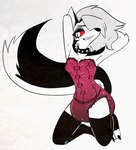 anthro breasts clean_diaper clothed clothing collar diaper diaper_corset diapersuit female fur grey_hair hair legwear pose red_eyes simple_background solo tail thigh_highs wearing_diaper white_body white_fur juneberrysprout helluva_boss loona_(helluva_boss) canid canine canis mammal wolf 2024 colored digital_drawing_(artwork) digital_media_(artwork) portrait signature