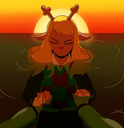 ambiguous_gender anthro buckteeth clothing female female/ambiguous first_person_view hand_holding lake partially_submerged red_nose sunset sweater teeth topwear vest hitsuji deltarune undertale_(series) kris_dreemurr noelle_holiday deer human mammal hi_res nonbinary_(lore)