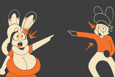 :o accessory anthro big_breasts breasts cleavage clothed clothing dewlap_(anatomy) duo emanata eyelashes female flower flower_in_hair gesture grey_background hair hair_accessory hand_gesture headband huge_breasts male markings mole_(marking) open_mouth orange_clothing orange_eyes orange_shirt orange_topwear plant pointing shirt simple_background topwear srgreja team_fortress_2 two_soyjaks_pointing valve valve_corporation hazel_(shakotanbunny) klaus_(shakotanbunny) domestic_rabbit flemish_giant lagomorph leporid mammal oryctolagus rabbit hi_res meme orange_theme restricted_palette