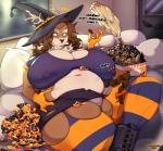 5_fingers anthro antlers belly big_breasts breasts broom brown_body brown_fur brown_hair button_(fastener) button_pop candy cleaning_tool clothed clothing costume curvy_figure dessert dialogue emanata female fingers food fur gloves hair handwear hat headgear headwear holidays horn huge_breasts overweight overweight_anthro overweight_female pillow solo text thick_thighs voluptuous wardrobe_malfunction witch_hat cherrikissu halloween olive_(rawk_manx) deer mammal new_world_deer reindeer 2019 digital_media_(artwork) english_text hi_res