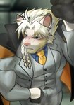 anthro blonde_hair blush braided_hair clothing fur gloves hair handwear male muscular muscular_anthro muscular_male necktie solo suit topwear vest white_body white_fur wolfmanwilk lifewonders live_a_hero astosis felid lion mammal pantherine hi_res