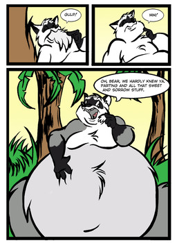 anthro black_arms black_body black_ears black_fur black_hands border color_change dialogue duo fangs feral fur grass grey_body grey_fur grey_insides male obese obese_anthro obese_male overweight overweight_anthro overweight_male palm_tree pink_tongue plant sharp_teeth soft_vore speech_bubble teeth text tongue tree vore weight_gain white_body white_border white_fur dutch_(artist) bear mammal polar_bear procyonid raccoon ursine 2011 colored comic english_text