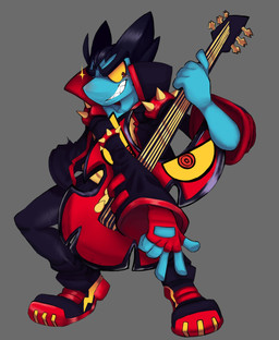 anthro black_hair clothing electric_guitar fingerless_gloves gloves grin guitar hair handwear jacket leather leather_clothing male musical_instrument plucked_string_instrument red_eyes smile solo string_instrument topwear yellow_sclera drmbloodmoon kings_of_hell lutin_lucifer demon hi_res