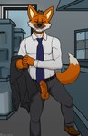 anthro black_nose brown_body brown_fur brown_hair clothing erection foreskin fur gas_station genitals grin hair humanoid_genitalia humanoid_penis inside male necktie office orange_body orange_fur penis penis_poking_out penis_through_fly smile solo suit teeth lewd_latte aggretsuko sanrio ookami_(aggretsuko) canid canine canis mammal maned_wolf wolf hi_res