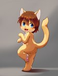 anthro backsack balls blue_eyes blush brown_hair butt genitals hair looking_at_viewer male nude on_one_leg open_mouth short_hair smile solo standing young young_anthro yojoo domestic_cat felid feline felis mammal