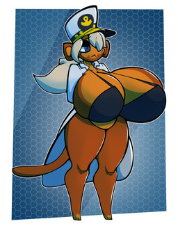 anthro big_breasts blue_eyes bra breasts brown_body brown_fur clothed clothing eyebrows eyelashes female front_view fur hair hands_behind_back hat headgear headwear huge_breasts hyper hyper_breasts jacket one_eye_obstructed peaked_cap simple_background solo standing thick_thighs topwear underwear unimpressed white_clothing white_hair white_hat white_headwear white_jacket white_topwear zantanerz bloons_tower_defense ninja_kiwi admiral_brickell haplorhine mammal monkey primate 2022 absurd_res digital_media_(artwork) hi_res shaded