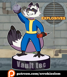 anthro blue_clothing clothing explosives male solo tail text errokioslem fallout microsoft avian bird canid canine corvid corvus_(genus) crow fox hybrid mammal oscine passerine hi_res url