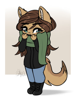 anthro blue_eyes boots bottomwear brown_hair chibi clothed clothing denim denim_bottomwear denim_clothing female fluffy fluffy_tail footwear hair jeans pants scarf shoes simple_background solo tail fairdahlia harper_(fairdahlia) canid canine canis coyote mammal hi_res