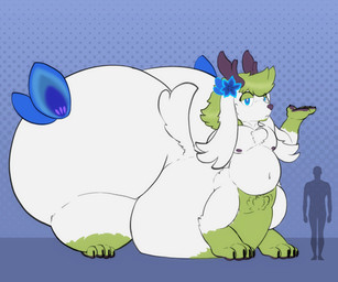 4_fingers belly big_belly big_butt blue_eyes butt fingers fur green_body hair horn huge_belly huge_butt hyper hyper_belly hyper_butt looking_at_viewer male morbidly_obese obese overweight overweight_male simple_background solo tail thick_thighs white_body white_fur wide_hips vezerem nintendo pokemon oren_(vezerem) generation_4_pokemon legendary_pokemon mammal pokemon_(species) shaymin sky_forme_shaymin taur 6:5 absurd_res hi_res
