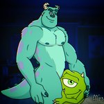 1_eye blue_body blue_fur claws duo fur green_eyes horn looking_at_viewer male nipples pecs smile smirk fabfelipe disney monsters_inc pixar mike_wazowski sulley monster 1:1 2023 hi_res