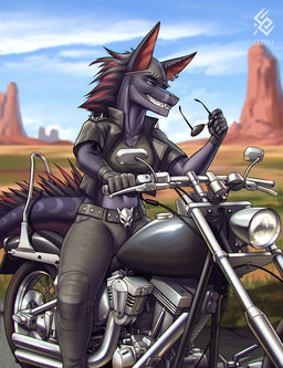 anthro black_body black_hair blue_sky blurred_background bottomwear clothed clothing cloud ear_piercing ear_ring ear_stud eyewear fangs female female_anthro glistening glistening_eyes grass green_clothing green_topwear grey_bottomwear grey_clothing grey_jacket grey_pants grey_topwear grin hair holding_eyewear holding_object holding_sunglasses jacket logo looking_at_viewer motorcycle outside pants piercing plant purple_body red_hair ring_piercing sitting sky smile solo sunglasses teeth text topwear vehicle white_eyes cereus93 mythology dragon mythological_creature mythological_scalie scalie artist_logo artist_name hi_res