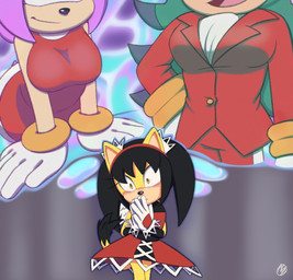 anthro black_hair blush breast_squeeze breasts clothing dress female female/female gloves group hair handwear jacket leaning leaning_forward leaning_on_object lesbian_thoughts nervous pigtails smile squeezing suit tail thinking thought_bubble tight_fit topwear trio innotsu sega sonic_the_fighters sonic_the_hedgehog_(series) amy_rose breezie_the_hedgehog honey_the_cat absurd_res hi_res