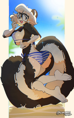 anthro beach big_butt bikini blue_eyes breasts butt butt_pose clothed clothed_female clothing eyewear female fur glasses gloves_(marking) hair leg_markings looking_at_viewer markings multicolored_body multicolored_fur open_mouth outside pattern_bikini pattern_clothing pattern_swimwear pose rear_view side_boob socks_(marking) solo striped_bikini striped_clothing striped_swimwear stripes swimwear tail text two-piece_swimsuit two_tone_body two_tone_fur white_hair luxar92 sabrina_online sabrina_(sabrina_online) mammal mephitid skunk 2026 artist_name hi_res