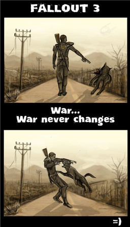 ambiguous_gender armor attack betrayal blood bodily_fluids duo feral gun handgun male outside pistol quadruped ranged_weapon rifle ruined_building ruins smiley_face tail text utility_pole vault_suit wasteland weapon balvarin fallout microsoft dogmeat the_lone_wanderer_(fallout) canid canine canis domestic_dog german_shepherd herding_dog human mammal pastoral_dog comic digital_media_(artwork) english_text
