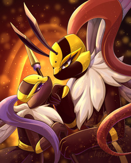 4_fingers 4_wings anthro big_breasts big_hands black_body bottomwear breasts clothed clothing dominant dominant_female duo eyebrows eyelashes female female/female fingers flying fur guard hair head_markings hive hives holding_chin holding_melee_weapon holding_object holding_weapon insect_wings larger_dom long_eyelashes long_hair looking_at_another looking_at_partner looking_down looking_into_eyes looking_pleasured markings medium_breasts melee_weapon mouthless multi_wing non-mammal_breasts palmorph polearm pollen ponytail purple_hair queen rainbow_wings red_hair royalty seductive shy simple_background size_difference skirt sparkles spear text weapon white_body white_fur wings worker yellow_background yellow_body yellow_eyes tasseya palworld pocketpair arthropod bee beegarde elizabee hymenopteran insect pal_(species) 2026 4:5 absurd_res digital_drawing_(artwork) digital_media_(artwork) hi_res signature url watermark young_(lore)