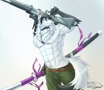 abs anthro armpit_hair athletic black_body black_fur black_hair body_hair chest_tuft fur green_eyes gun hair heterochromia horn inner_ear_fluff katana looking_at_viewer male melee_weapon muscular muscular_anthro muscular_male pecs ranged_weapon red_eyes scar simple_background smile solo sword tongue tongue_out tuft weapon white_body white_fur hakuhyogaki haku_hyogaki arctic_wolf canid canine canis mammal wolf absurd_res hi_res