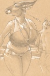 anthro beach big_breasts bikini breasts clothing duo female frisbee huge_breasts male outside seaside swimwear two-piece_swimsuit cadmiumtea delila_rono zal_(zwerewolf) antelope bongo_(antelope) bovid bovine canid canine canis felid hybrid mammal pantherine spiral-horned_antelope tiger wolf traditional_media_(artwork)