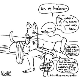 anthro anthro_on_feral bestiality bestiality_marriage duo exhibitionism feral genitals homophobic_slur imminent_bestiality male male/male penis presenting presenting_penis public public_nudity sauna slur text qwaxi~lixard greenbean_gardener_(qwaxi~lixard) joshua_gardener_(qwaxi~lixard) canid canine canis domestic_dog mammal reptile scalie snake black_and_white english_text monochrome
