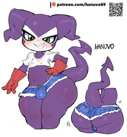 4_fingers anthro belly big_butt big_tail blush bottom_heavy bottomwear breasts bulge butt clothed clothing crop_top curvy_figure denim_hotpants fingers front_view glistening glistening_belly glistening_body glistening_butt glistening_eyes glistening_legs glistening_skin glistening_tail glistening_thighs gloves green_eyes gynomorph hand_on_hip handwear heart_symbol hotpants huge_butt huge_thighs intersex looking_at_viewer multicolored_body multicolored_skin navel nipple_outline nipples pear-shaped_figure pink_nipples pose pupils purple_body purple_skin purple_tail qr_code rear_view red_clothing red_gloves red_handwear shirt shorts shortstack shortstack_gynomorph shortstack_intersex simple_background slightly_chubby slightly_chubby_anthro slightly_chubby_gynomorph slightly_chubby_intersex small_breasts smile standing tail teeth text thick_thighs toothy_grin topwear two_tone_body two_tone_skin white_background white_body white_sclera white_skin wide_hips hanuvo bandai_namco digimon patreon digimon_(species) impmon 2026 absurd_res artist_name colored digital_drawing_(artwork) digital_media_(artwork) english_text hi_res multiple_images shaded signature url