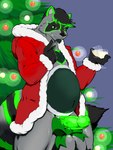 anthro balls belly big_balls big_penis christmas_tree eggnog erection fur genitals glowing glowing_body glowing_fur glowing_genitalia glowing_penis green_body green_bow_ribbon green_eyes green_fur green_glow green_penis grey_body grey_fur holidays huge_balls humanoid_genitalia humanoid_penis male penis plant red_christmas_ornament santa_coat solo tree vein veiny_penis white_christmas_ornament pandottermon christmas mammal procyonid raccoon 3:4 hi_res