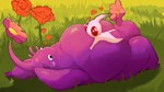 ambiguous_gender anthro belly big_belly blush blush_lines detailed_background duo eye_contact fat_arms flower glistening glistening_body grass heart_symbol looking_at_another love lying_on_another obese obese_anthro on_grass overweight overweight_anthro plant romantic size_difference thick_thighs mariodp nintendo pikmin elemental_creature flora_fauna pikmin_(species) purple_pikmin white_pikmin 16:9 hi_res widescreen