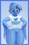2019 anthro avian beak bird blue_beak blue_body blue_eyes blue_feathers bottomless breasts clothed clothing feathers female hands_on_hips hi_res looking_down meme non-mammal_breasts shirt smile solo thick_thighs thousandfoldfeathers topwear tweetfur twitter twitter_logo wide_hips wings