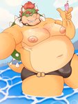 anthro belly bulge clothing collar hair horn humanoid_hands male moobs nipples one_eye_closed outside overweight overweight_anthro overweight_male red_hair shell solo spiked_collar spiked_shell spikes spikes_(anatomy) swimwear water wink matchaijuice mario_bros nintendo bowser koopa scalie 2020 hi_res