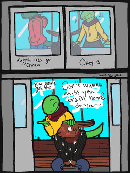 :3 anthro bench black_clothing black_sweater black_topwear blue_bottomwear blue_clothing blue_pants blush bodily_fluids bottomwear brown_body brown_fur clothing cum cum_on_clothing cum_on_hand cum_sharking dialogue fur genital_fluids group headpat male male/male neck_tuft outside pants park_bench public public_transportation sitting smile speech_bubble standing sweater text topwear train trio tuft vehicle qwaxi~lixard broccoli_gardener_(qwaxi~lixard) greenbean_gardener_(qwaxi~lixard) lagomorph leporid mammal rabbit reptile scalie snake 2026 3:4 colored comic english_text flat_colors