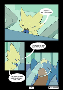 blue_eyes dialogue duo eyes_closed feral fur hospital praying praying_hands speech_bubble text unconscious yellow_body yellow_fur muzzzzz nintendo pokemon garchomp generation_4_pokemon generation_5_pokemon joltik pokemon_(species) 2026 absurd_res comic digital_media_(artwork) english_text hi_res