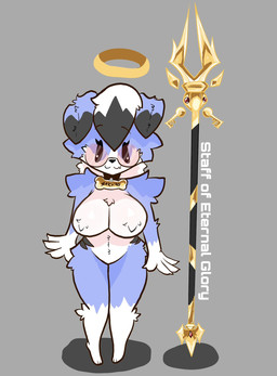 :3 anthro big_breasts black_body black_fur black_nose blue_body blue_fur breasts collar eyelashes eyewear female fur glasses grey_background hair halo melee_weapon naturally_censored nipple_tuft polearm round_glasses simple_background smile solo spear standing text tuft weapon white_hair salchikokokoko nintendo pokemon canid canine generation_7_pokemon lycanroc mammal midnight_lycanroc pokemon_(species) shiny_pokemon 2024 english_text hi_res