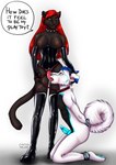 anthro asking asking_another asking_how bdsm bdsm_outfit black_body black_fur blue_body blue_fur blue_hair boots bound breasts clothing collar cuff_(restraint) datawusky dialogue dildo dildo_fellatio dominant dominant_female duo erection female female_penetrating female_penetrating_male footwear fur green_eyes hair high_heeled_boots high_heels humiliation kneeling knot latex latex_boots latex_clothing latex_footwear leash leashed_collar leashed_male legwear male male/female male_penetrated medium_breasts melanistic metal_cuffs mistress oral oral_penetration penetration question red_hair restraints scar sex sex_toy shoes speech_bubble spiked_collar spikes strapon submissive submissive_male talking_to_another talking_to_partner text thigh_boots thigh_highs white_body white_fur cynthiafeline tyra_(cynthiafeline) canid canine canis felid hybrid mammal pantherine wolfdog absurd_res english_text hi_res