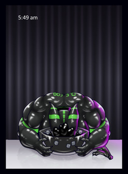 black_bodysuit black_clothing black_skinsuit bodysuit bottle bowl clothing container drone green_bodysuit green_clothing green_skinsuit green_visor horn ice id_number latex latex_clothing latex_skinsuit male multicolored_bodysuit multicolored_clothing multicolored_skinsuit partially_submerged skinsuit tight_clothing time transformation haha-yea b-5689 2025 hi_res