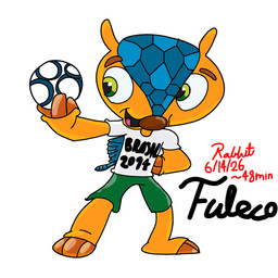 anthro ball clothed clothing cursive fully_clothed fur green_eyes happy holding_ball holding_object male rabbit_video soccer soccer_ball solo sport standing text yellow_body yellow_fur fifa fuleco three-banded_armadillo 2026 digital_media_(artwork) english_text hi_res signature