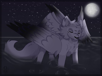 back_wings black_body black_fur calm dark eyes_closed feral fluffy fluffy_tail folded_wings fur male moon night peaceful scenery sky solo star tail water white_body white_fur wings airymiller felid feline mammal 4:3 full-length_portrait hi_res portrait
