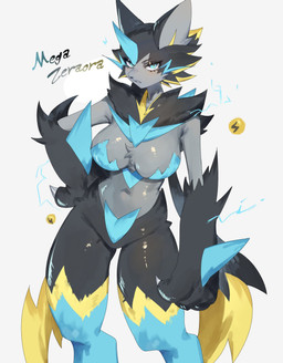anthro black_body black_fur breasts featureless_breasts featureless_crotch female fur looking_at_viewer nude simple_background solo togetoge nintendo pokemon pokemon_legends_z-a felid feline generation_9_pokemon legendary_pokemon mammal mega_evolution mega_zeraora pokemon_(species) hi_res