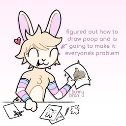ambiguous_gender anthro arm_warmers arm_warmers_only armwear chest_tuft clothing countershade_fur countershade_torso countershading crumpled_paper eyes_closed feces feces_pile fur gradient_background hair happy heart_symbol lgbt_pride paper pen pencil_(object) pink_inner_ear pride_colors simple_background solo sparkles tan_body tan_fur tan_hair text transgender_pride_colors tuft bunnybran winnow_(bunnybran) lagomorph leporid mammal rabbit 1:1 english_text