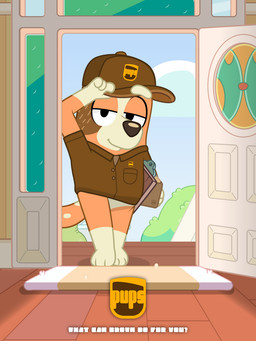 box cardboard cardboard_box clipboard clothing container delivery_(commerce) female front_door hat headgear headwear package postal_delivery dm29 bluey_(series) ups chilli_heeler australian_cattle_dog canid canine canis cattledog domestic_dog herding_dog mammal pastoral_dog 3:4 hi_res