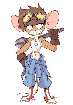 accessory anthro bandage bandage_on_face big_ears biped boots bow_ribbon brown_body brown_fur brown_hair clothing clothing_around_waist coveralls cropped_tank_top eyewear eyewear_on_head female footwear fur furgonomics gloves goggles goggles_on_head hair hand_on_hip handwear holding_object long_tail looking_aside looking_away midriff raised_arm ribbons round_ears shoes short_hair simple_background smile solo tail tail_accessory tail_bow tail_ribbon tools white_body white_fur wrench beezii maggie_(beezii) mammal mouse murid murine rodent digital_drawing_(artwork) digital_media_(artwork) full-length_portrait hi_res portrait signature