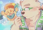 anthro cigarette clothing duo eyewear glasses hat headgear headwear male scarf smoking straw_hat swimming swimwear igarashi_ta lifewonders tokyo_afterschool_summoners cu_sith_(tas) leib_(tas) bear bird_dog canid canine canis domestic_dog golden_retriever hunting_dog mammal polar_bear retriever ursine hi_res