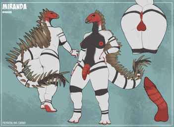 anthro anus areola balls big_butt black_body black_breasts blue_eyes breasts butt butt_shot claws disembodied_penis erection feet finger_claws fingers flaccid front_view genitals gynomorph hand_on_hip head_turned humanoid_hands intersex long_tail looking_at_viewer looking_back medium_breasts nipples non-mammal_balls non-mammal_nipples nude_anthro nude_gynomorph penile_spines penis plantigrade pose presenting presenting_anus presenting_hindquarters rear_view red_areola red_balls red_body red_nipples red_penis seductive smile solo spiked_tail spikes spikes_(anatomy) standing tail text thick_thighs toes white_body mr.carno miranda_(mr.carno) dinosaur miragaia ornithischian prehistoric_species reptile scalie stegosaurian thyreophoran absurd_res artist_name character_name colored hi_res model_sheet shaded url watermark
