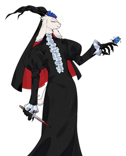 5_fingers anthro biped clothed clothed_anthro clothed_female clothing eyes_closed female fingers front_view fur holding_knife holding_object horn knife simple_background smile solo standing tail white_body white_fur white_tail nulia bovid caprine goat mammal 2026 digital_drawing_(artwork) digital_media_(artwork) hi_res