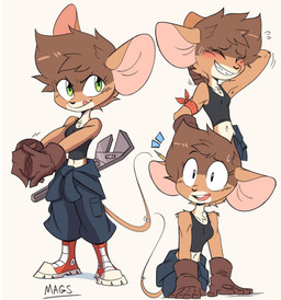 accessory anthro armband big_ears biped blep bodily_fluids boots bow_ribbon brown_body brown_fur brown_hair clothing clothing_around_waist constricted_pupils coveralls cropped_tank_top emanata female flying_sweatdrops footwear fur furgonomics gloves green_eyes hair hand_behind_head handwear long_tail looking_aside motion_lines pupils raised_arm ribbons round_ears shoes short_hair simple_background small_pupils solo stretching sweat sweatdrop tail tail_accessory tail_bow tail_ribbon tongue tongue_out tools white_body white_fur wrench beezii maggie_(beezii) mammal mouse murid murine rodent digital_drawing_(artwork) digital_media_(artwork) hi_res