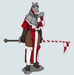 2020 anthro armor breasts brown_body clothed clothing crotch_lines draft_horse equid equine female fetlocks grey_background headgear helmet hi_res hladilnik hood horse lance_(disambiguation) legwear mammal mask medieval melee_weapon no_underwear pelvic_curtain red_clothing simple_background solo stockings tinker_(hladilnik) under_boob weapon white_clothing