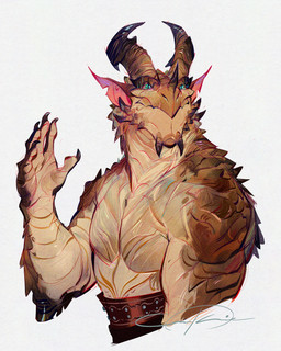 anthro back_spikes barazoku belt biceps blue_eyes brown_body brown_scales claw_fingers claws clothed clothing deltoids finger_claws fingernails forearms gesture happy horn male male_anthro markings mature_anthro mature_male multicolored_body multicolored_skin muscular muscular_anthro muscular_arms muscular_male nails pointy_ears scales sharp_horn smile smiling_at_another solo spikes spikes_(anatomy) topless topless_anthro topless_male two_tone_body two_tone_skin waving waving_hand yellow_body yellow_scales yellow_skin third_cookie dungeons_and_dragons hasbro mythology wizards_of_the_coast milo_racimir_(third_cookie) dragon dragonborn_(dnd) mythological_creature mythological_scalie reptile scalie half-length_portrait hi_res portrait