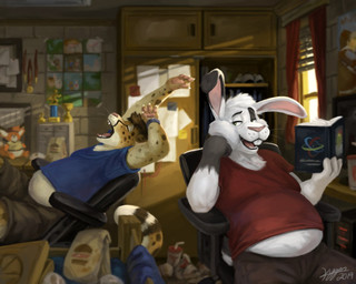 anthro award belly book buckteeth chair detailed_background duo eyes_closed food_bag fur fur_markings furniture hair holding_book holding_object male male/male markings medal multicolored_body multicolored_fur on_chair open_mouth overweight partially_covered_belly paws plushie rabbit_ears scut_tail short_tail sitting sitting_on_chair spots spotted_body spotted_fur stretching tail teeth trophy weight_gain whisker_spots whiskers kygen chad_(plokishmok3) toby_(plokishmok3) cheetah felid feline lagomorph leporid mammal rabbit 2019 5:4 signature